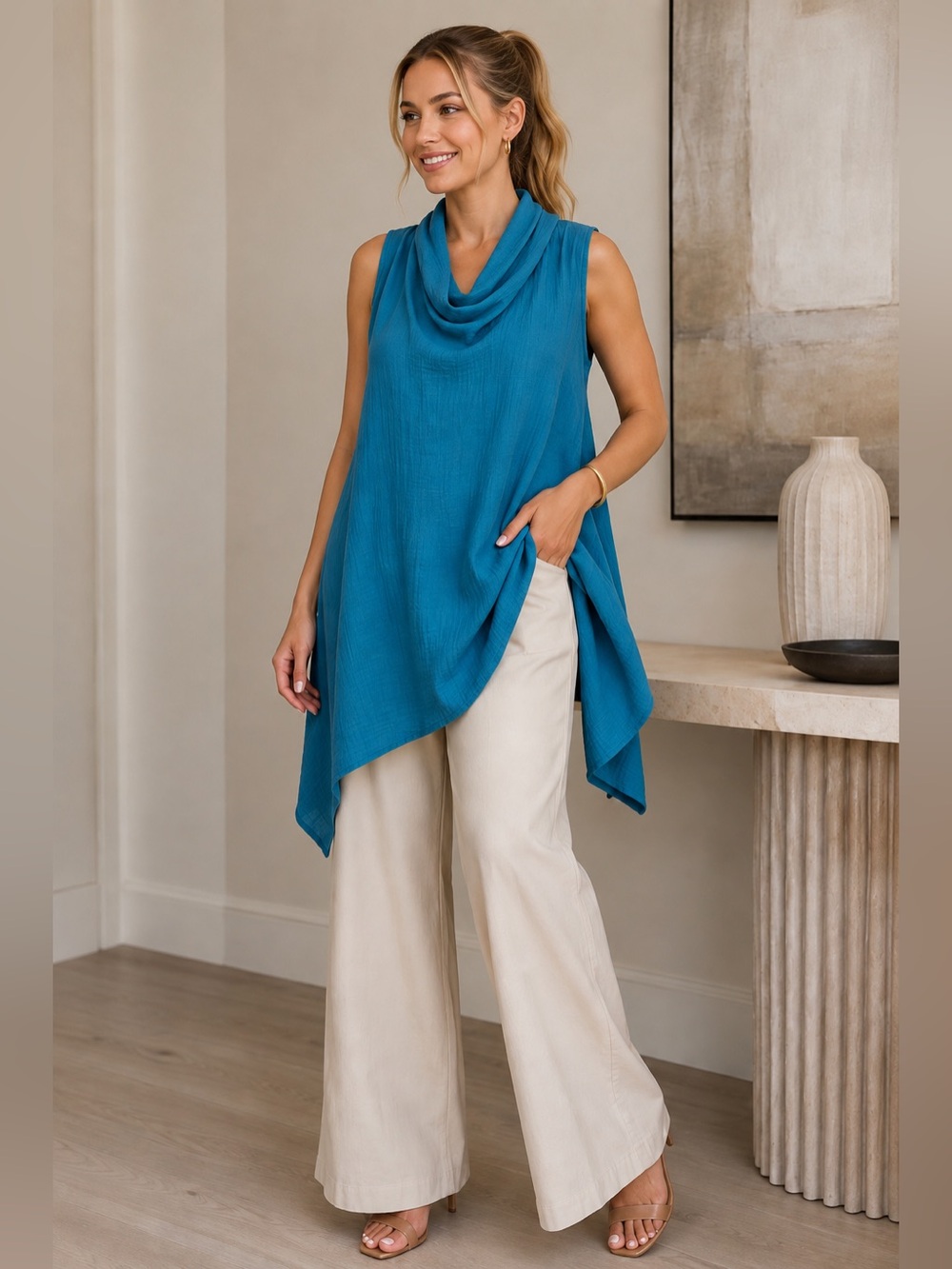 Bryn Walker Capsleeve Cowl Neck Tunic 💯 Cotton Gauze XS